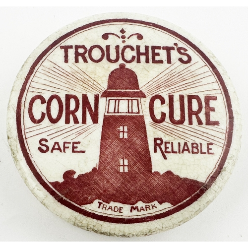 303 - TROUCHETS CORN CURE POT LID. 2.1ins diam. An unusually clear & crisp red transfer - very bright. Lar... 