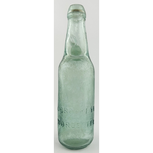 306 - WORCESTER NARROW NECK EARLY CODD. 9.2ins tall. Aqua glass, 10 oz narrow neck codd. Huge pict. front ... 