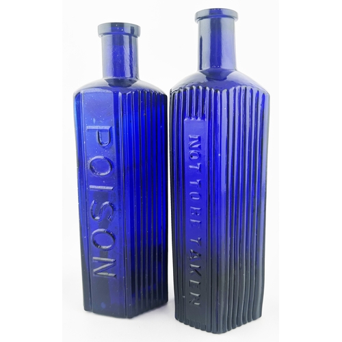 308 - TWENTY OUNCE POISONS DUO. 8.8ins tall. Cobalt blue, hexagonal, square edged/ flat type lips. Huge PO... 