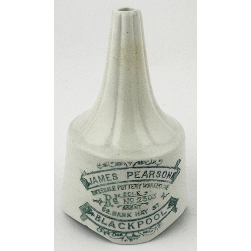 316 - BLACKPOOL PIE FUNNEL. 3.2ins tall. Shapely, ribbed top section, off white ceramic funnel. Front full... 