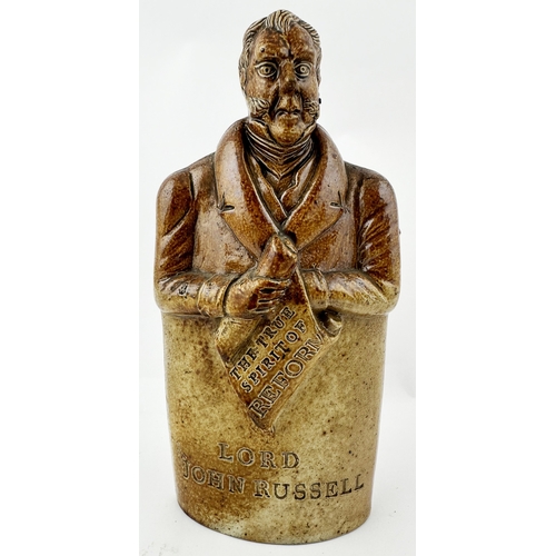 338 - LORD JOHN RUSSELL REFORM FLASK. (AB Reform Flasks p 38). 7.3ins tall. T.t. salt glaze, top mid brown... 