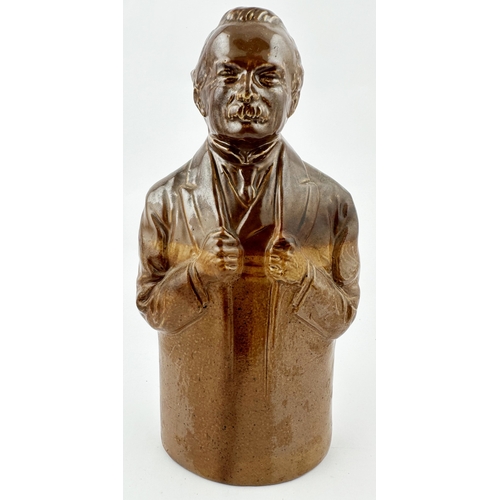 340 - LESLIE HARRADINE MODELLED DOULTON LAMBETH DAVID LLOYD GEORGE REFORM FLASK. 7.2ins tall. T.t. salt gl... 