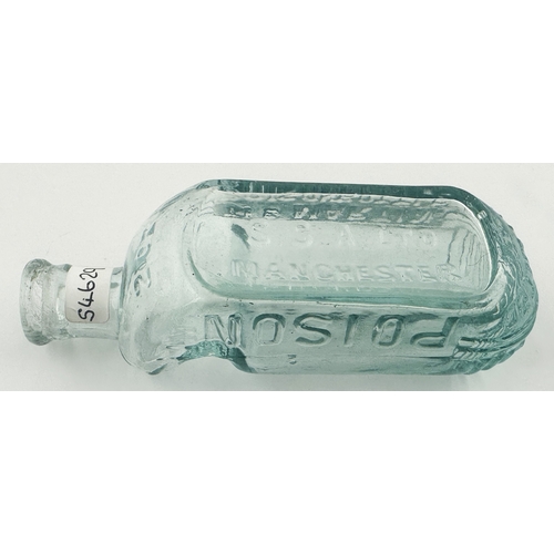 347 - DR MARTINS POISON BOTTLE. (DP p29). 4.5ins long. Aqua glass, heavily embossed 2oz example - embossed... 