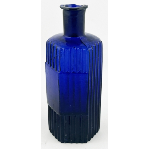 350 - TOOGOOD POISON BOTTLE. (DP p48). 5.7ins tall. Cobalt blue glass, vertically ribbed with a flat label... 