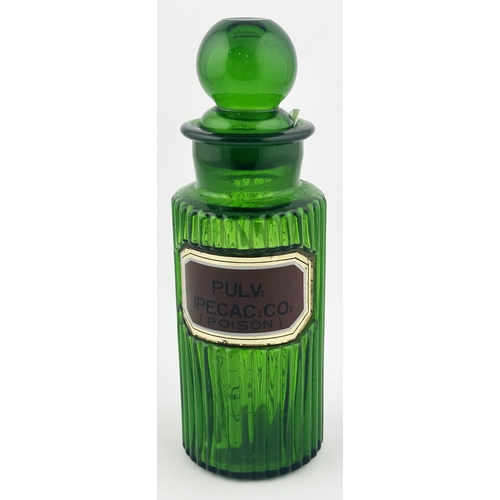 354 - RIBBED LABEL UNDER GLASS SHOP ROUND BOTTLE. 7.5ins tall. Bright green wide mouth glass pharmacy shop... 