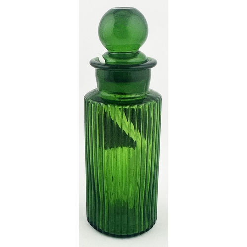 354 - RIBBED LABEL UNDER GLASS SHOP ROUND BOTTLE. 7.5ins tall. Bright green wide mouth glass pharmacy shop... 