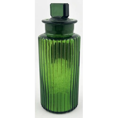 356 - RIBBED LABEL UNDER GLASS SHOP ROUND BOTTLE. 6.6.ins tall. Bright green wide mouth glass, inset affix... 