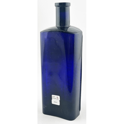 357 - FLAT BACKED POISON BOTTLE. (DP p51, SL & T2). 8.8ins tall. Cobalt blue hob nail style grids & emboss... 