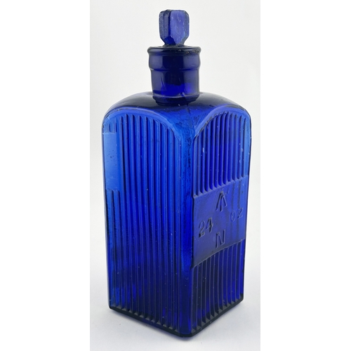 359 - ADMIRALTY ORDNANCE POISON BOTTLE. (DP p149, O1) 8.3ins tall. Cobalt blue glass, square body, arrow &... 