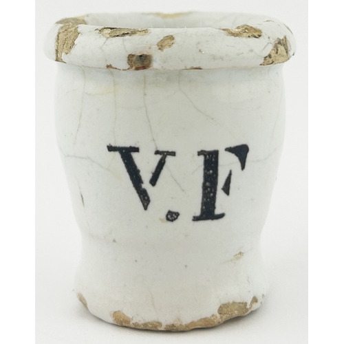 361 - VF OINTMENT POT. OP p38. 1.75ins tall. An early Delft type ointment pot, pedestal base, VF printed o... 