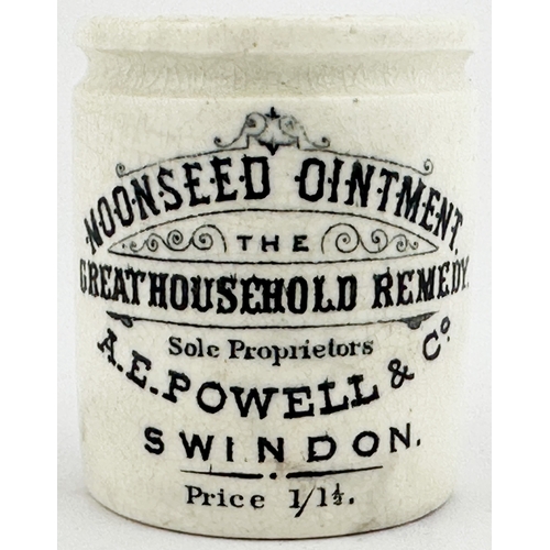 362 - SWINDON MOONSEED OINTMENT POT. OP p104. 2ins tall. A E POWELL & CO/ SWINDON/ PRICE 1/ 1/12. Smaller ... 