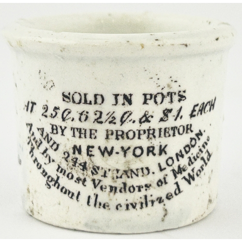 367 - HOLLOWAYS NEW YORK & LONDON OINTMENT POT. OP p81. 1.5ins tall. A double sided early sepia print vers... 