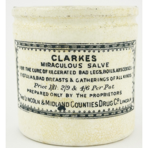 368 - CLARKES MIRACULOUS SALVE OINTMENT POT. OP p59. 2.25ins tall. Mid size pot with price 1 1/2 2/9 & 4/6... 