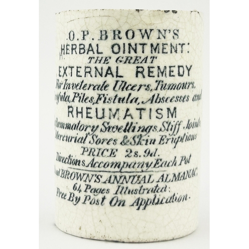 369 - O P BROWNS HERBAL OINTMENT POT. OP p53. 2.75ins tall. A large straight sided pot, writing filling th... 