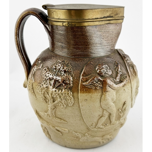 378 - EARLY MORTLAKE HUNTING JUG. 6.9ins tall. T.t. salt glaze handled jug, silver rim & lid - features en... 