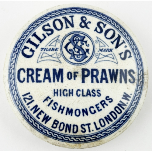 386 - GILSON & SONS CREAM OF PRAWN POT LID. (APL p300,24) 3.9ins diam. Very strong & crisp blue transfer. ... 