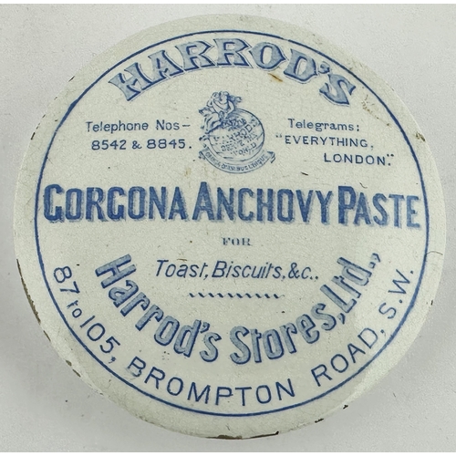 389 - HARRODS LONDON ANCHOVY PASTE POT LID. (APL p312, 14) 3.8ins diam. Blue transfer lid with bold writin... 