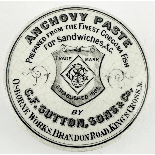 391 - SUTTON SONS & CO LONDON ANCHOVY PASTE POT LID. (APL p396,93) 3.5ins diam. A late lid, black transfer... 