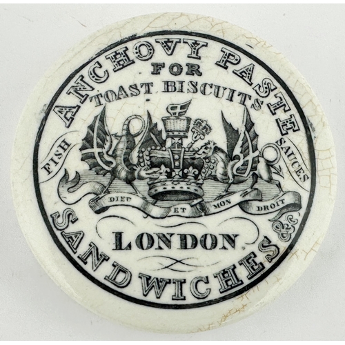 392 - LONDON ANCHOVY PASTE POT LID. (APL p241, 14J) 3.5ins diam. Black transfer, large, very detailed, cro... 