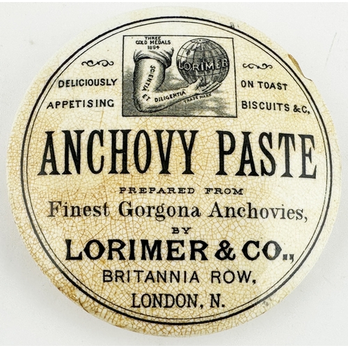 393 - LORIMER ANCHOVY PASTE LONDON POT LID. (APL p340, 45) 4.3ins diam. Strong black transfer, LORIMER TM ... 