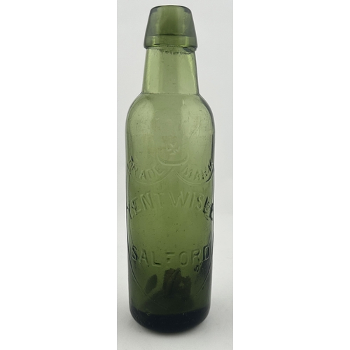 406 - SALFORD VALLETS PATENT BOTTLE. 8.5ins tall. Light olive green glass, embossed Y ENTWISLE/ SALFORD wi... 