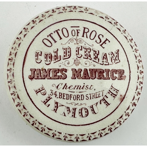 407 - PLYMOUTH POT LID. (APL p88, 76a) 2.9ins diam. Red transfer on white lid. Fancy outer border around a... 