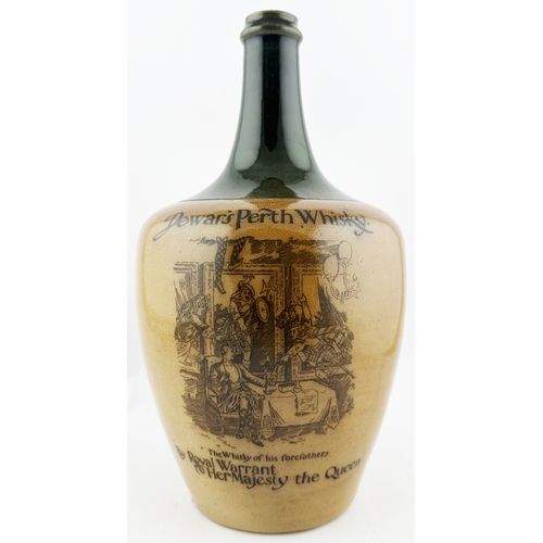 417 - DEWARS WHISKY TO HIS FOREFATHERS WHISKY JUG. 12ins tall. Tapering body, rear handle, green top, lowe... 