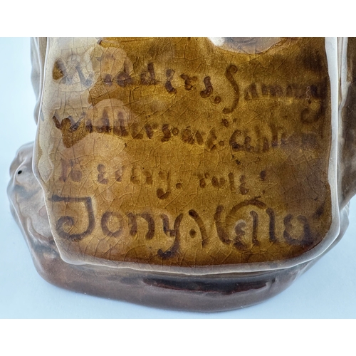 422 - TONY WELLER WHISKY FLASK. Actual flask 9ins tall, approx. 10ins to whip tip.. Silver hallmarked stop... 