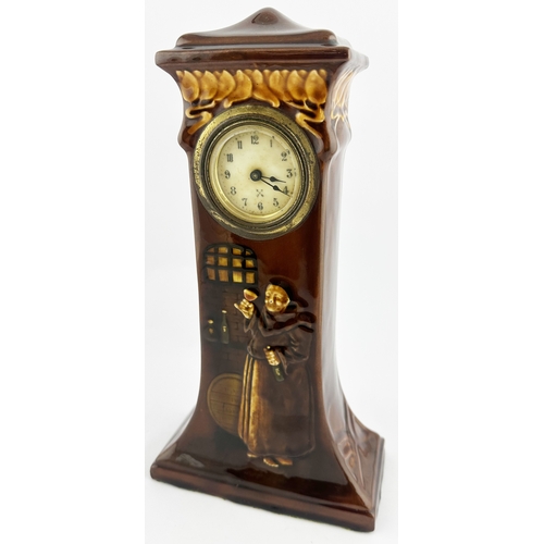 423 - KINGSWARE MONK CLOCK. (CDK p54). 12ins tall. Superb tall mid brown KIngsware type clock, flared foot... 