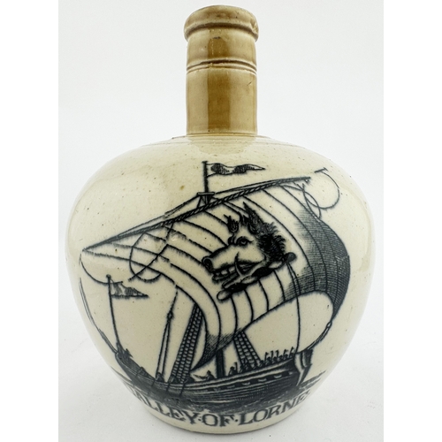 424 - GALLEY OF LORNE WHISKY JUG. 7.3ins tall. Spherical body, tan neck, rear handle. Strong black galleon... 