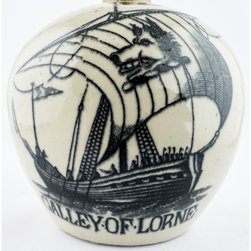 424 - GALLEY OF LORNE WHISKY JUG. 7.3ins tall. Spherical body, tan neck, rear handle. Strong black galleon... 