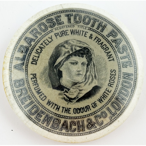 426 - LONDON TOOTH PASTE POT LID. (APL p261,100) 3.7ins diam. Young girl pict with grey background. ALBARO... 