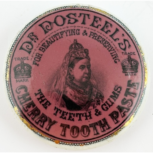 426A - DR DOSTEELS CHERRY TOOTH PASTE POT LID & BASE. (APL p150, 88) 3.5ins diam. Distinctive pink backgrou... 