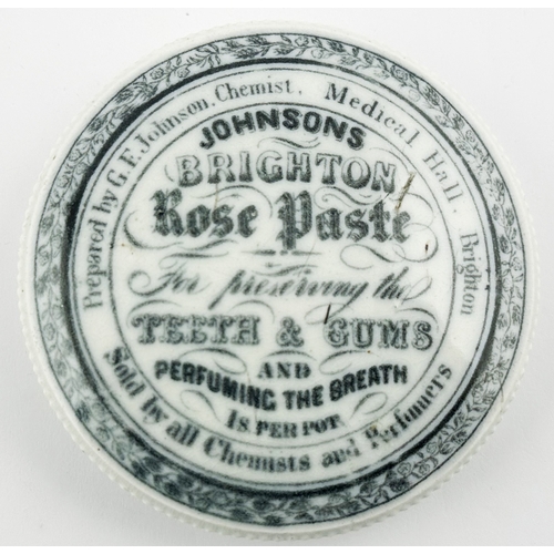 430 - SUSSEX TOOTH PASTE POT LID. (APL p591,26) 3.6ins diam. Light black transfer, slightly blurring, scal... 