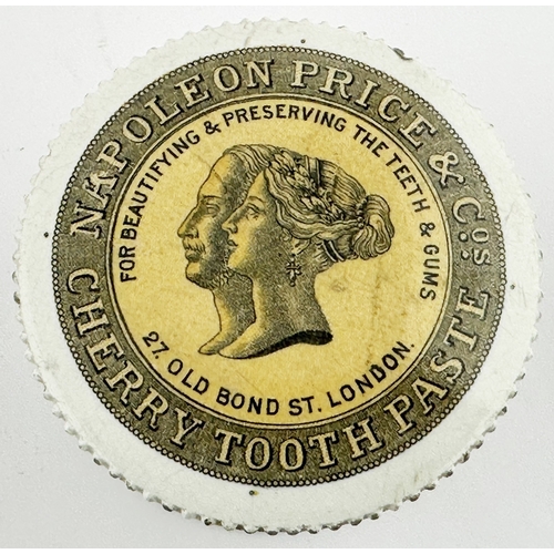 432 - LONDON TOOTH PASTE POT LID WITH BASE. (APL 369, 68) 3.5ins diam. Yellow background with central larg... 