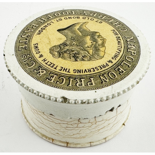 432 - LONDON TOOTH PASTE POT LID WITH BASE. (APL 369, 68) 3.5ins diam. Yellow background with central larg... 