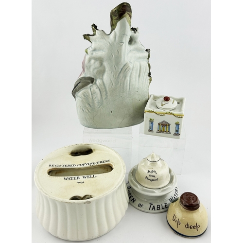 106 - PORCELAIN GROUP. Tallest 10ins. Inc. Inkwells, copy press water well & Staffordshire spill vase. Wri... 