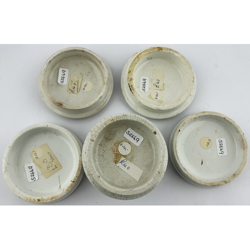 109 - POT LID GROUP. Largest 3ins. Inc. JOHN GOSNELL & ARMY & NAVY. Damages & repair. (5)