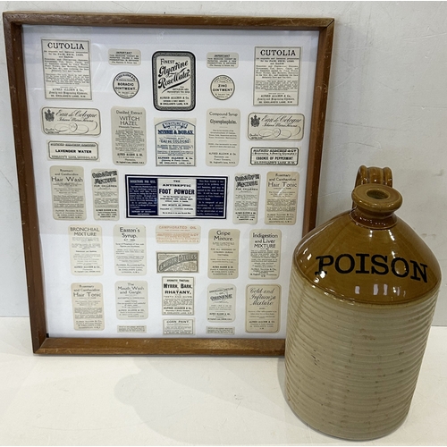 114 - LABELS & FLAGON DUO. 19 x 16ins. Framed paper labels, Witch Hazel, Syrup, Foot powder, Mouth wash, &... 