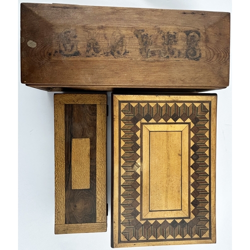 119 - DISPLAY BOX TRIO. Largest 9.75 x 7ins. Wooden patterned display boxes, one with CLOVES lettering to ... 