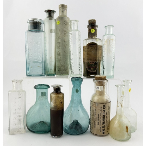 13 - PONTILS & MEDICINES GLASS GROUP. Tallest 6ins. Inc. Phial, labelled bottles, embossed Balsam, syrup,... 