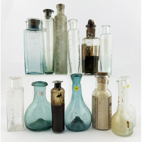 13 - PONTILS & MEDICINES GLASS GROUP. Tallest 6ins. Inc. Phial, labelled bottles, embossed Balsam, syrup,... 