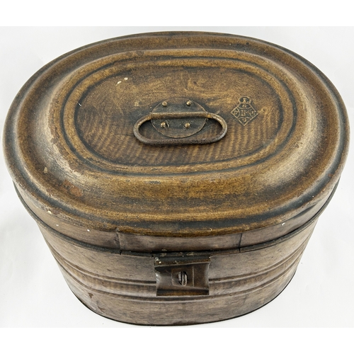 145 - VICTORIAN HAT BOX. 11 x 15ins. Scumble glazed tin, top handle, diamond reg mark to lid. Worn.