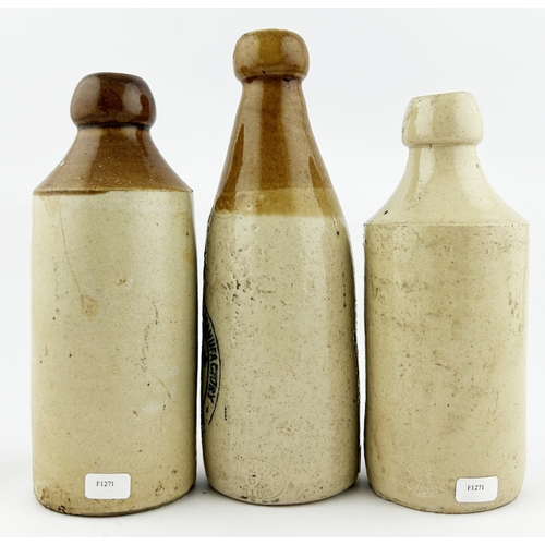 15 - FILEY GINGER BEER TRIO. Tallest 8ins. Various designs. Inc. HARGRAVE & CO, J H SCHOALES & CO & AERAT... 