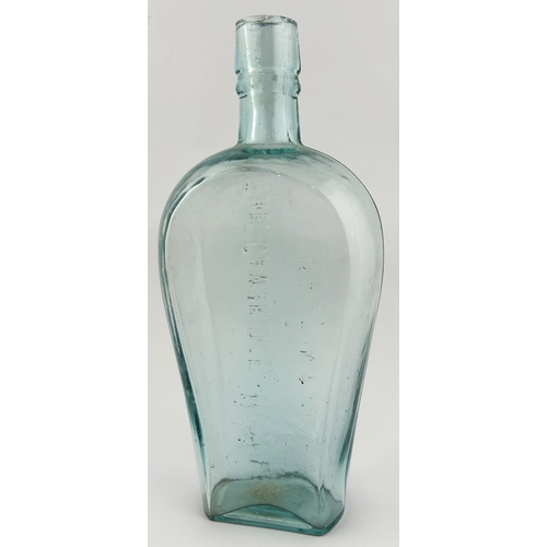 2 - HASTINGS THE CAMBRIDGE HOTEL FLASK. 9.5ins tall. Aqua glass, embossed one side. Slight lip chip.