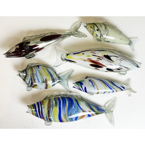 23 - MURANO STYLE GLASS FISH GROUP. Largest 21ins, coloured glass & patterns, damages. (6)

AMENDED 13/02... 