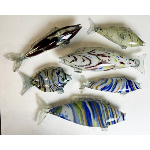 23 - MURANO STYLE GLASS FISH GROUP. Largest 21ins, coloured glass & patterns, damages. (6)

AMENDED 13/02... 