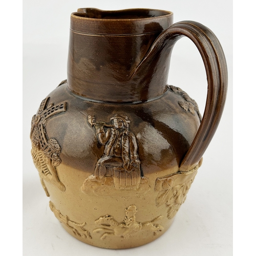 27 - SALT GLAZE HUNTING JUG. 7.25ins tall. Heavily sprigged with rear handle. Hairline to bottom of handl... 