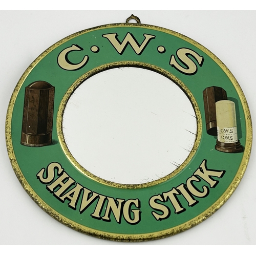 33 - CWS SHAVING STICK ADVERTISING MIRROR. 8ins diam. Quirky little piece, mirror inside, tin outer with ... 