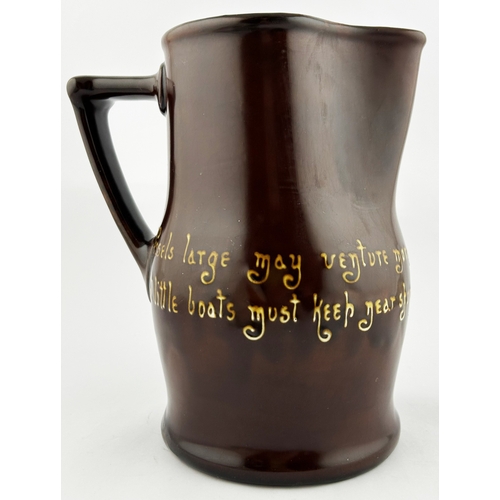 34 - KINGSWARE JUG. 8ins tall. Picture one side, writing to other: VESSELS LARGE MAY VENTURE MORE/ BUT LI... 